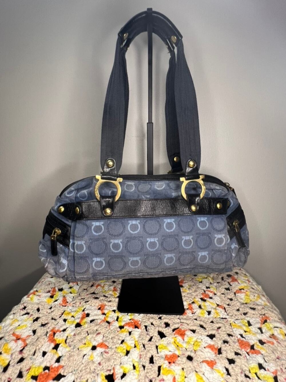 Salvatore Ferragamo Gancini Monogram Jacquard Shoulder Bag Blue Gray